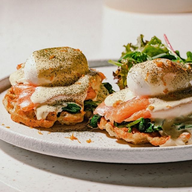 Smoked Salmon Benedict on Dill Potato Waffle