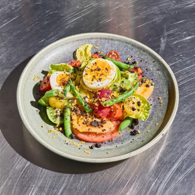 Salad Nicoise with Bottarga and Black Olive Crumble